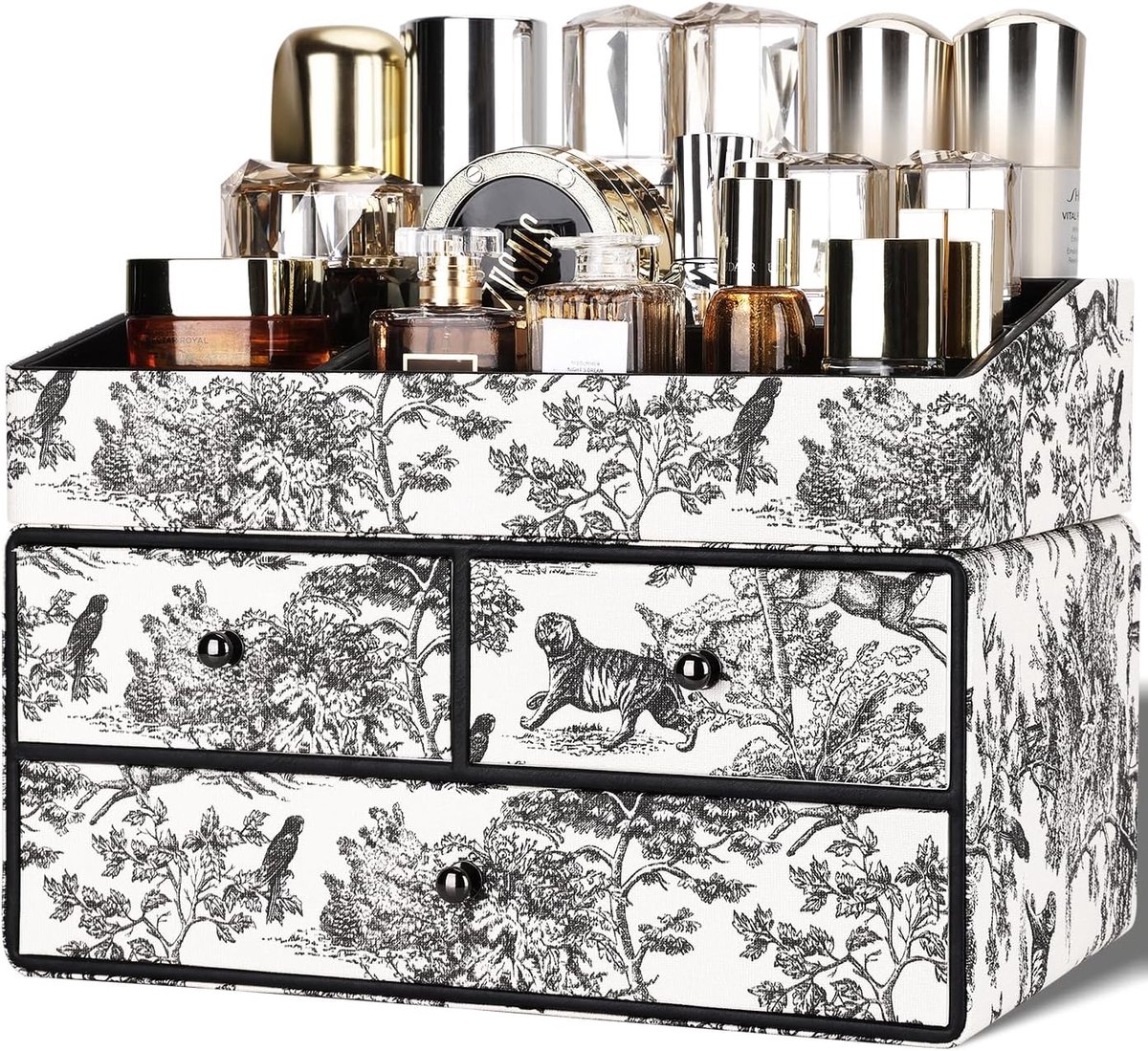 Make-up cosmetica-organizer, 2 verdiepingen, 2 laden, lederen make-uptafel, organizer, beauty-opslag, cosmeticabox, bureau-organizer voor slaapkamer, badkamer, make-uptafel (vintage zwart)