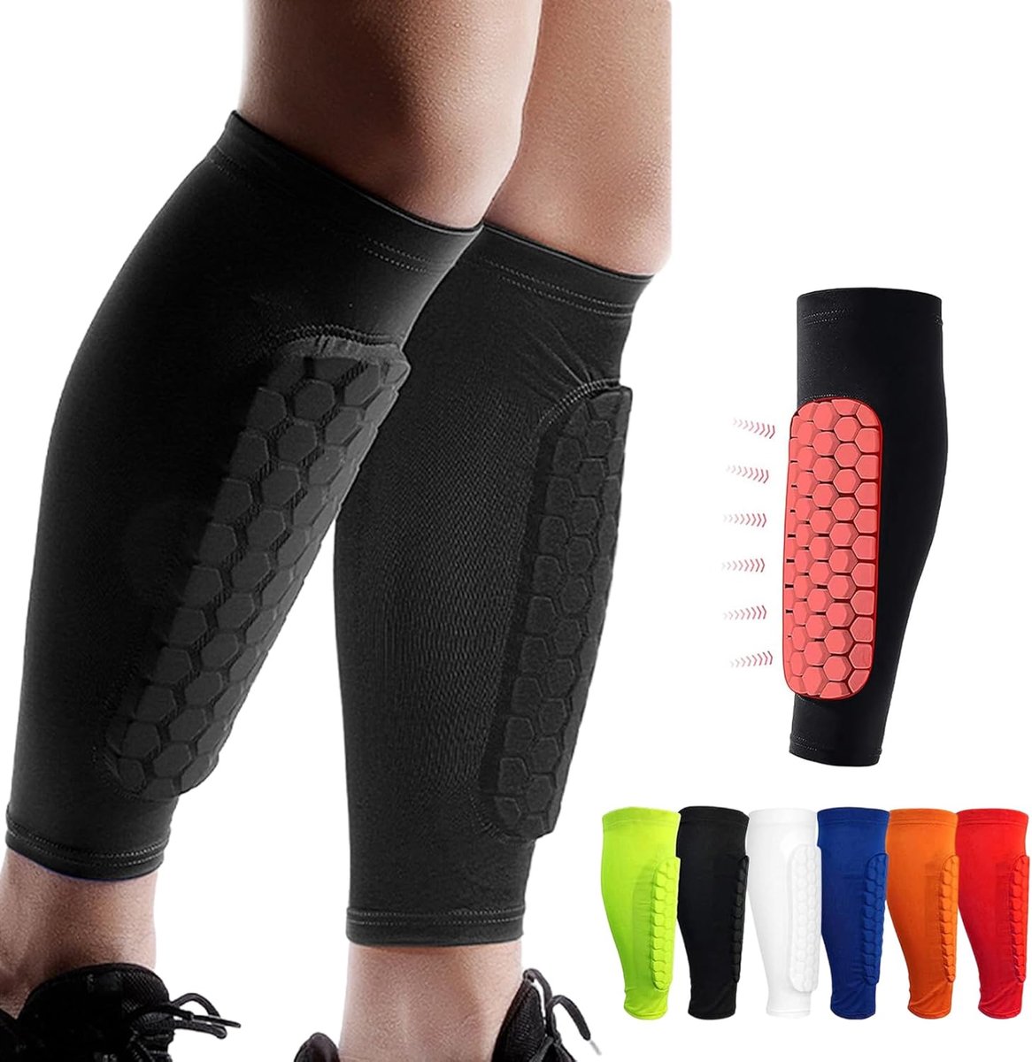 Shin Guards Pads, Honingraat Compressie Mouw Voetbal Scheenbeschermers voor Jongens, Tieners en Volwassenen, Voetbalverdediger Pads met Superieure Impact Absorptie, Lichtgewicht