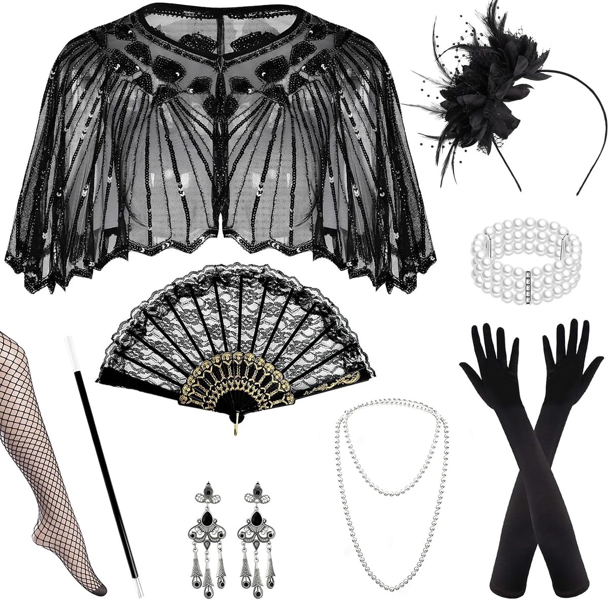9-delige accessoireset voor dames, flapperkostuum met parelketting, handschoenen, oorbellen, vakken, netkousen, stok, vintage flapper-accessoires voor Charleston Party