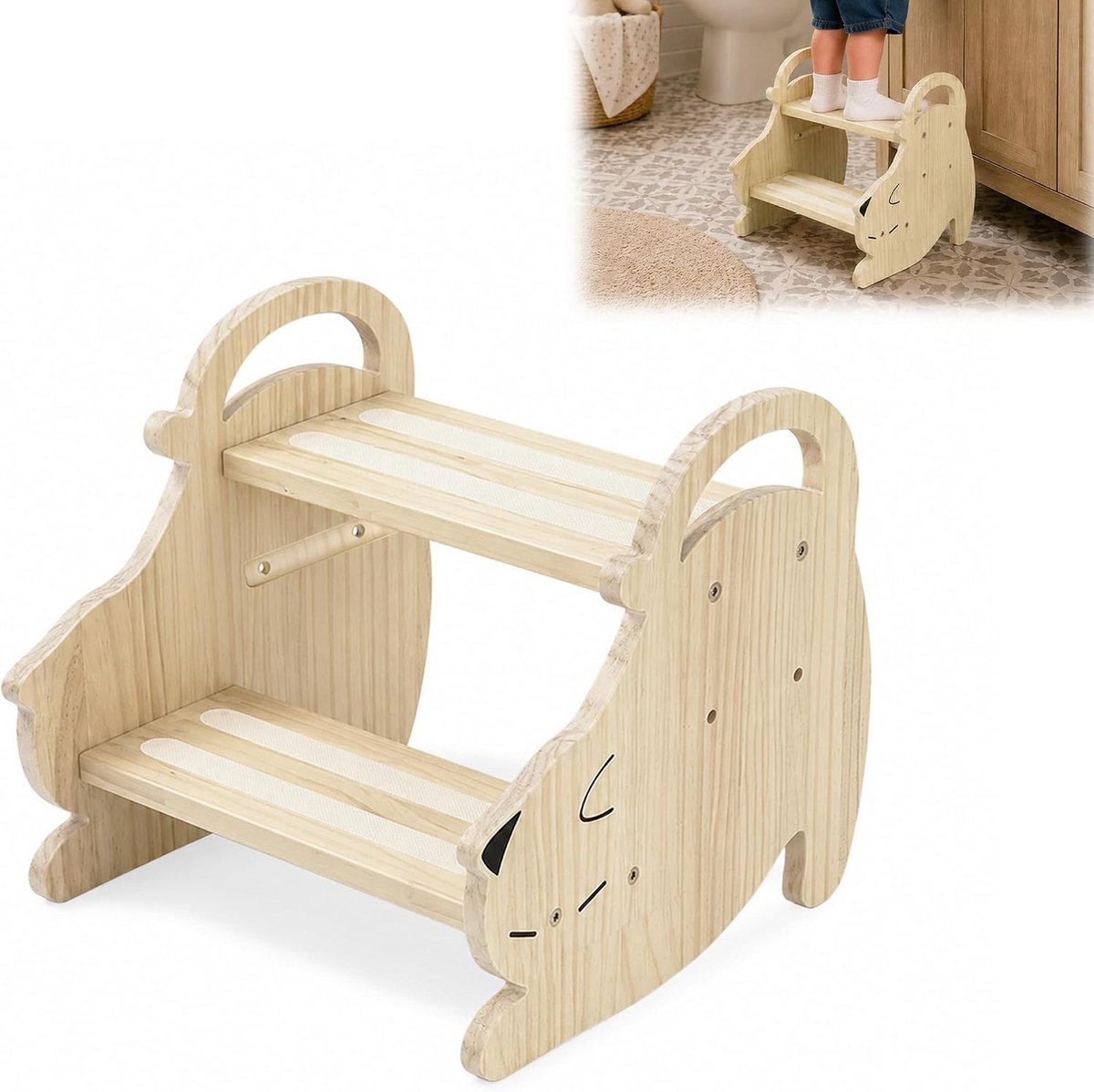 Opstapkruk voor kinderen, 2 treden, van hout, tweetraps kruk, antislip kinderkruk met handvat (kat)