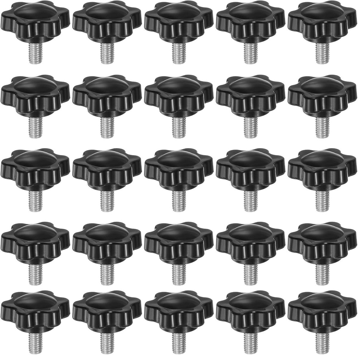 25 stuks sterknoppen M5 x 10 mm schroefdraadschroef van roestvrij staal 304 25 mm kunststof draaiknop spanknop gekartelde kopschroef handmatig spannen 6 sterren handvat, zwart