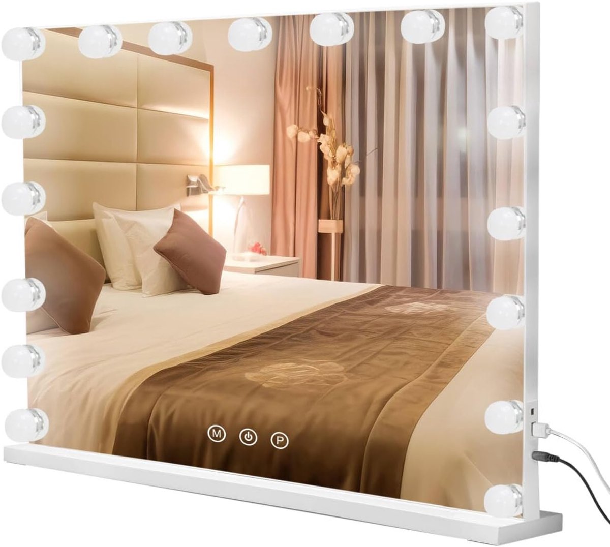 Make-up Spiegel 60x52 cm, Cosmetica Spiegel met 17 LED Lampen Dimbaar, 3 Verlichtingsmodi, Geheugenfunctie, Touch Control, USB en Type C Oplader, Wit