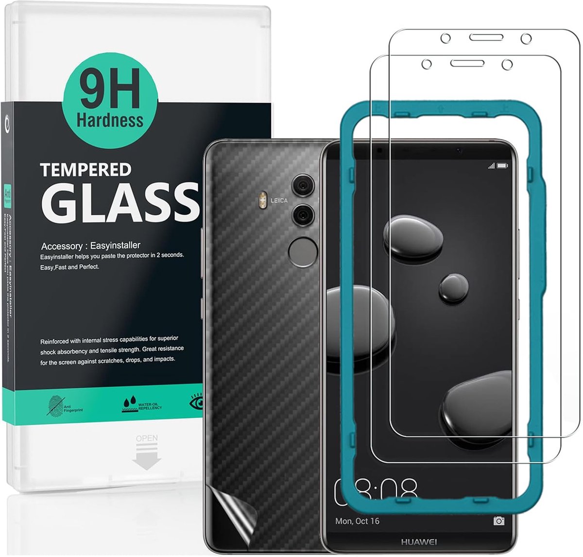 Schermbeschermers voor Huawei Mate 10 Pro,[Pack van 2],met Back Carbon Fiber beschermfolie,inclusief Easyinstaller-hulpmiddel