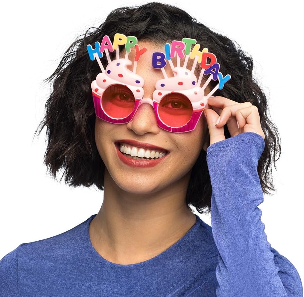 - Partybril Happy Birthday, volwassenen, plastic, leuke bril, zonder sterkte, zonnebril, foute party, themafeest, carnaval