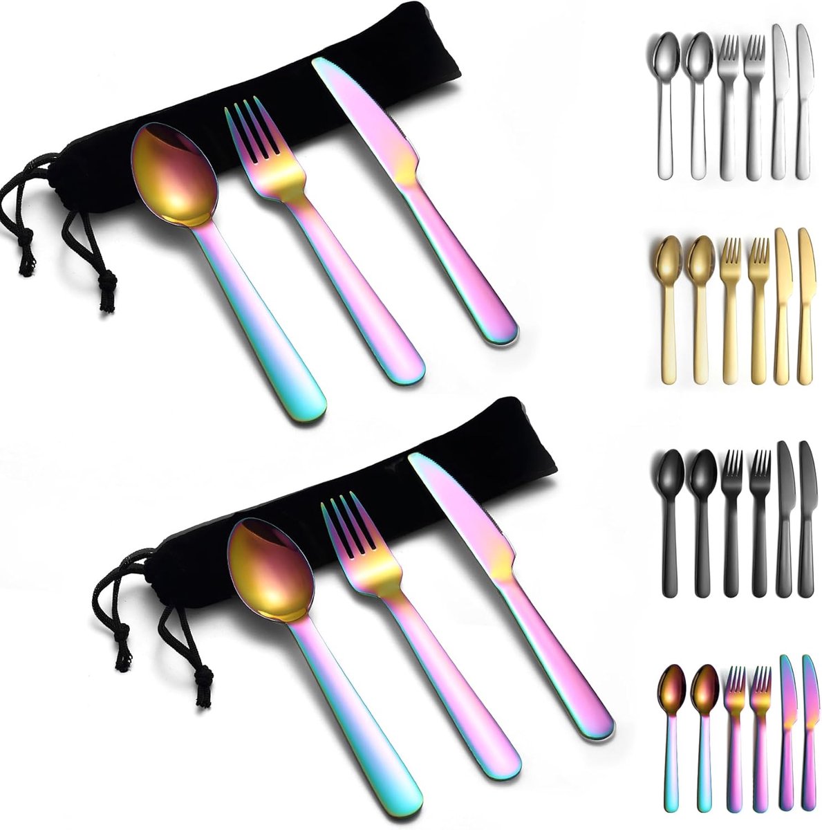 Bestek 2 Pak, Inclusief Mes Vork Lepel, Titanium Rainbow Plating Roestvrij Staal Reisbestek met Zwarte Zak, voor Buiten, Picknick, Kamperen, Vaatwasmachinebestendig