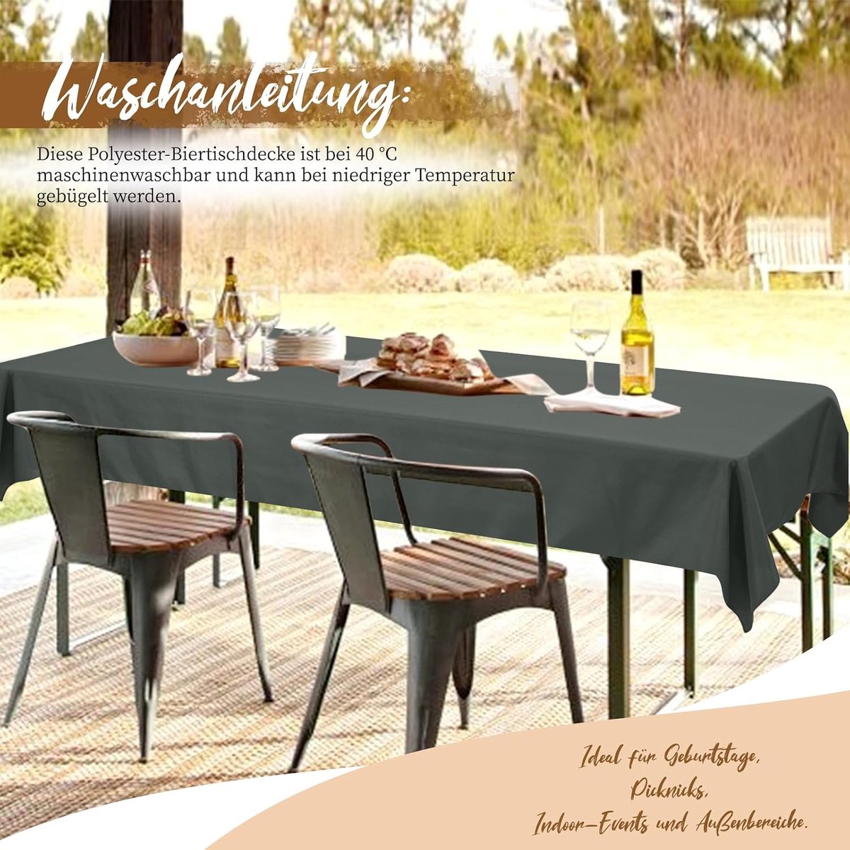 Tafelkleden voor biertentgarnituur, antraciet | 250 x 100 cm, ondoorzichtig, wasbaar polyester tafelkleden voor 50 en 70 cm brede biertafels en biertentsets
