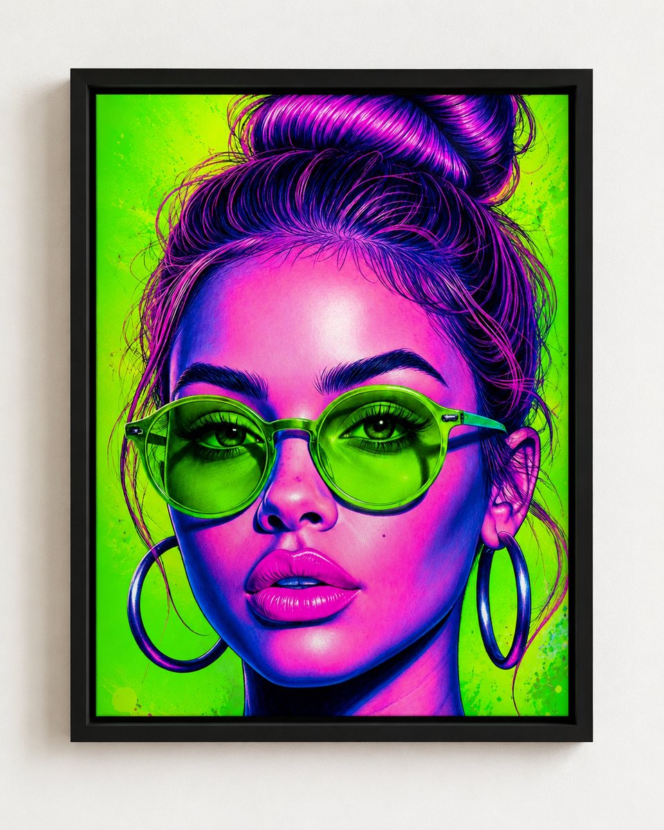 Schilderij op Canvas 30 × 40 cm – Modern Pop-Art Portret Vrouw met Groene Bril – Neon Groen en Roze – Neon Vision