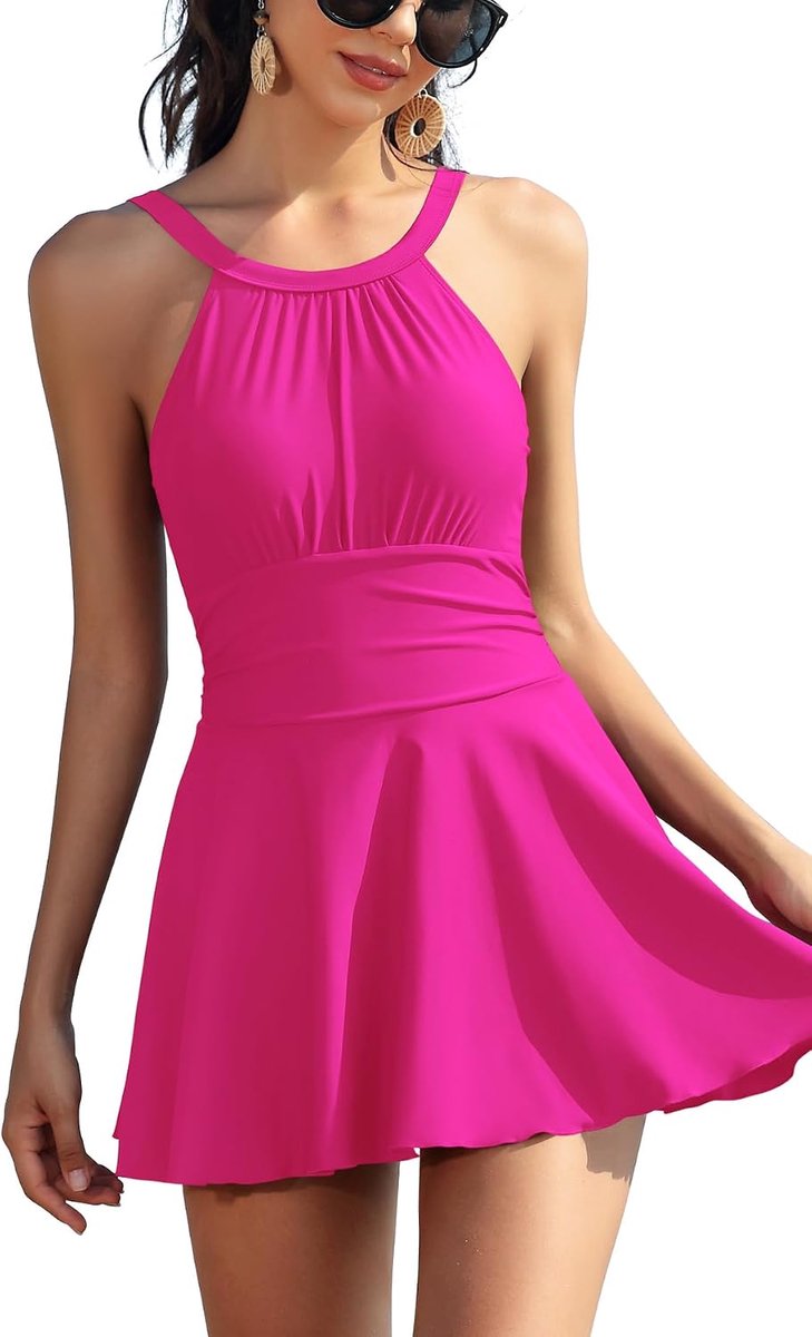 Eendelig badpak voor dames, elegant, rugvrij, zwemjurk, ruches, retro, buikweg, buikcontrole, badjurk voor dames