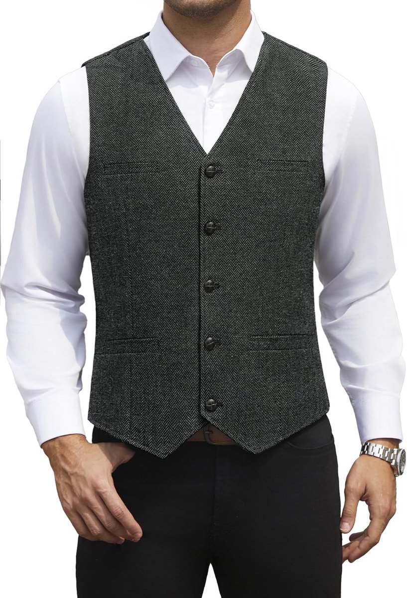 Herenkostuum van wol en tweed, mouwloos vest voor heren, vintage, met visgraat, voor bruiloft en zakelijk, formeel
