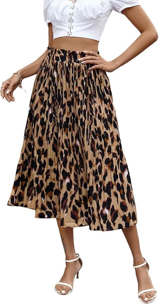 Dames chiffon midi-rok rok dames zomer halve jurk A-lijn rok luipaardprint met zakken casual werk kantoor, S