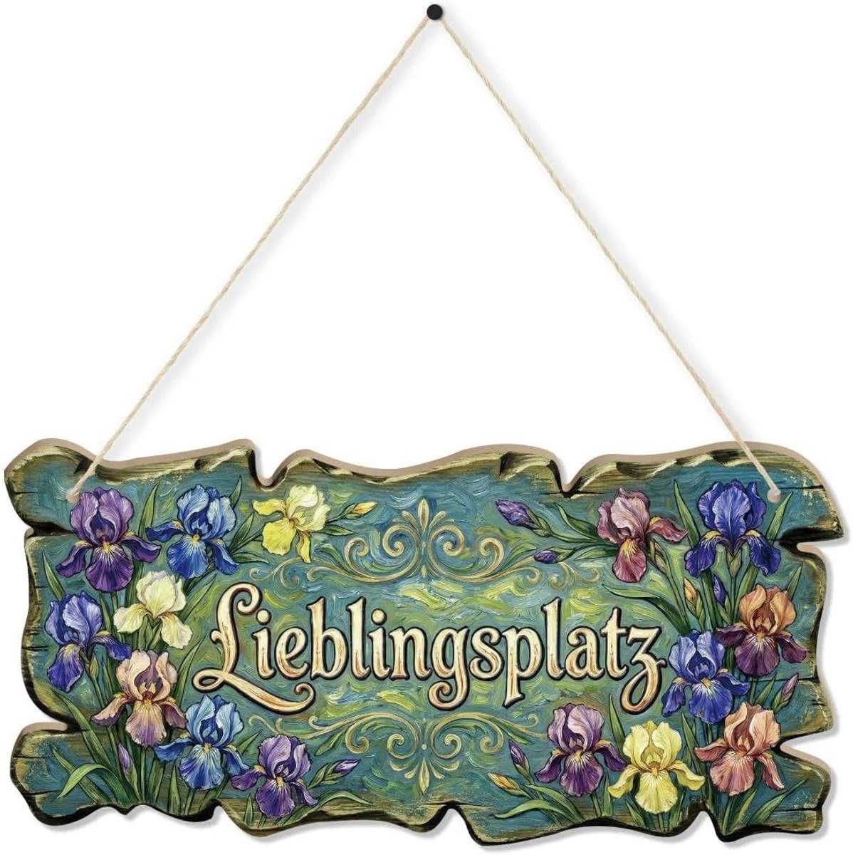 Decor MDF hangbord "Lieblingssplatz" met iris bloemenmotief, vintage landhuis-deurdecoratie om op te hangen voor tuinhuis, terras, balkon, veranda, serre, decoratief bord voor entree, woonkamer