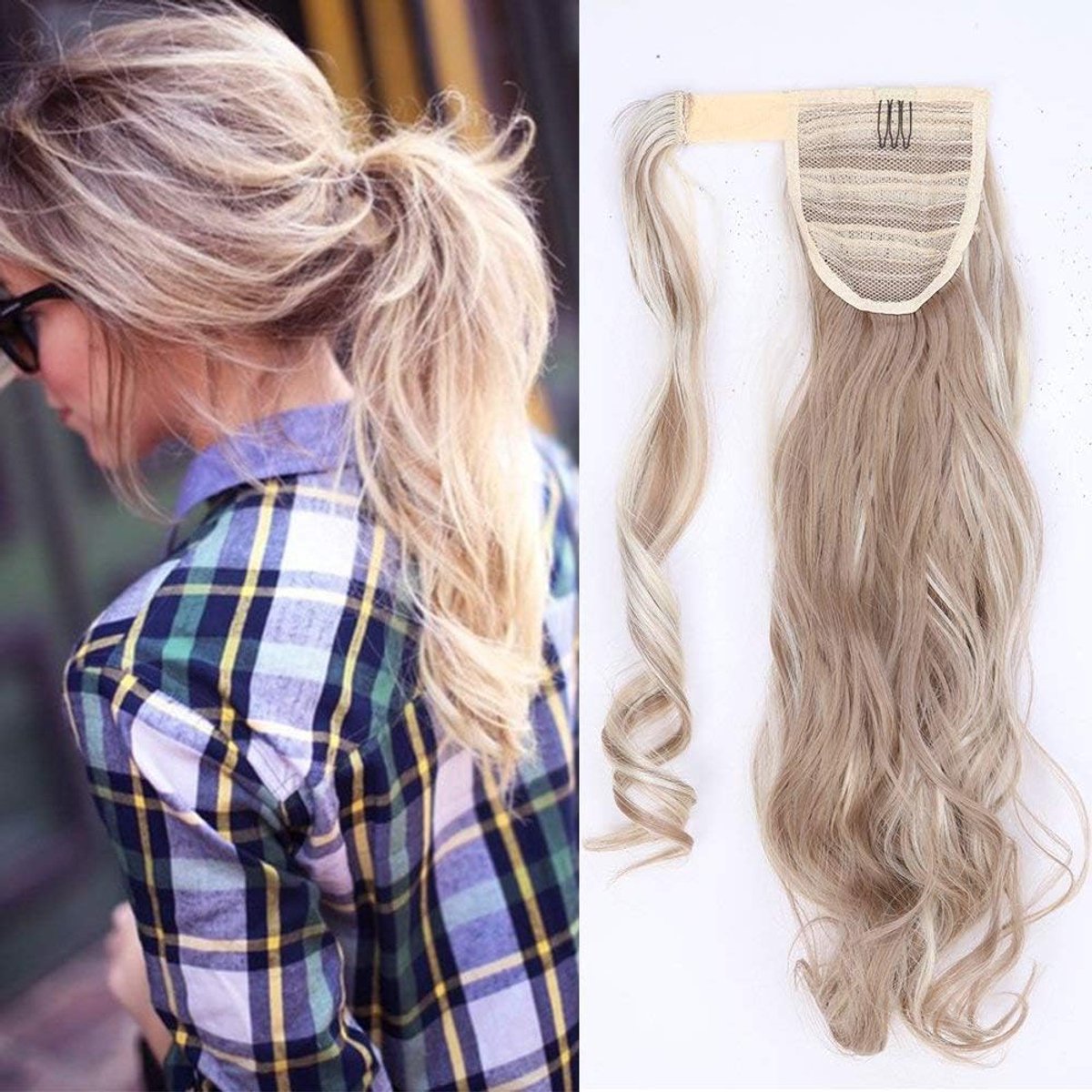 Paardenstaart clip in paardenstaart verlenging haarstukje vlecht haarstukje golvend golvend zoals echt haar Sandy blond & blond bleek golvend-17 “(43cm) 90g