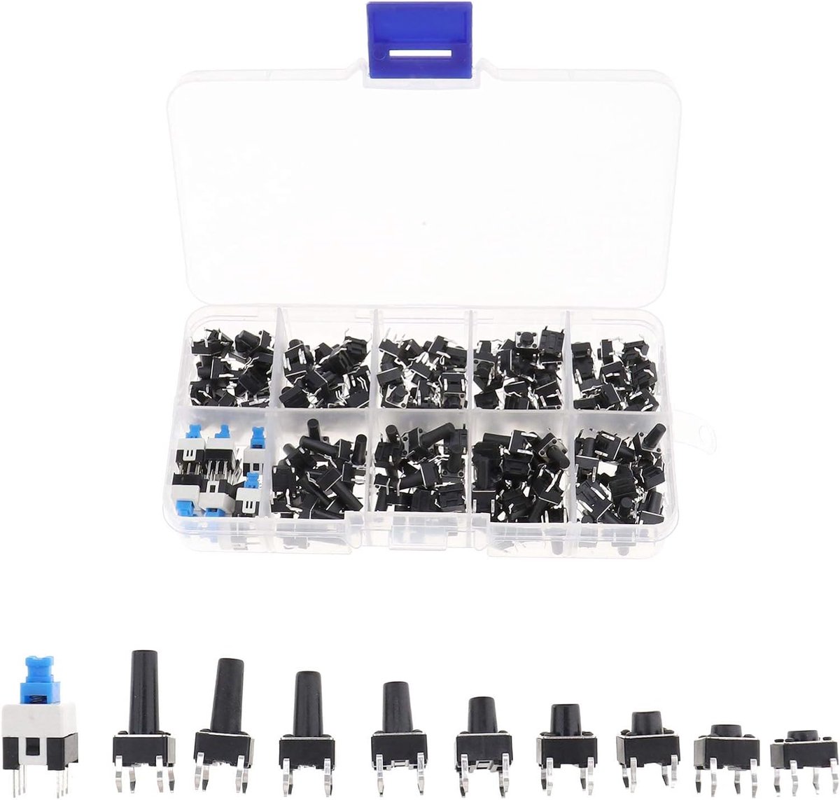 Idea 200 stks Mini Micro Momentary Tactiele Drukknop Schakelaar Assortiment Kit met Case voor Televisie Audio Apparatuur