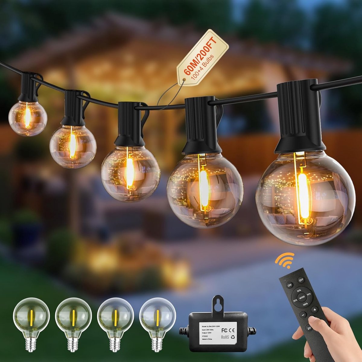 Lichtsnoer voor buiten, Dimbaar, G40 60m, met 100 Gloeilampen,Netstroom 24V met Afstandsbediening,Lichtketting voor Buiten,Stroom,met Afstandsbediening,Voor Tuin,Camping,Paviljoen,Terras