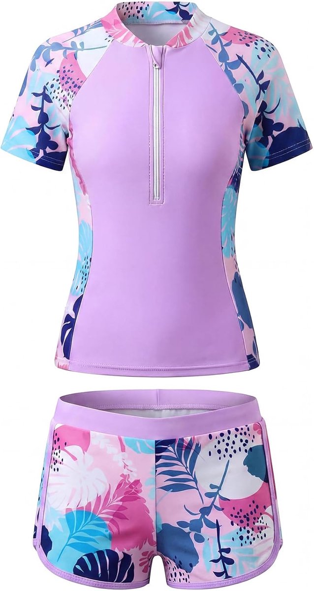 Zwempak Tweedelig Rashguard met Korte Mouwen en Voorgevormde Beha's Kinderzwempak met Zwemshort Sneldrogend Strand Surf en Zwemkleding met Bloemenprint voor Kinderen 5-14 Jaar