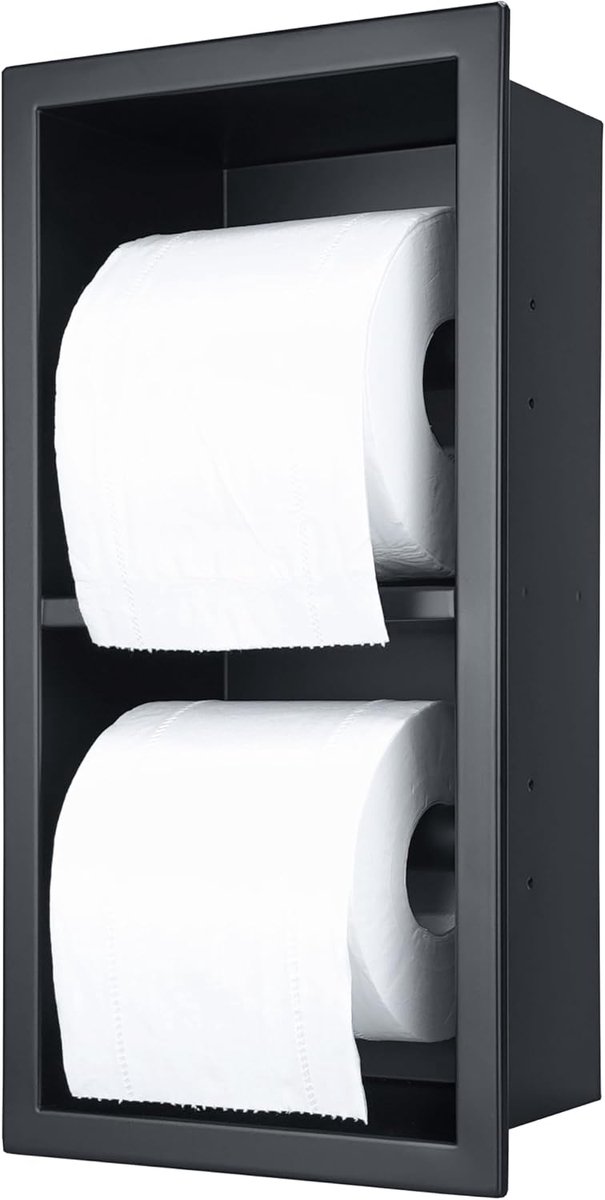 toiletpapierhouder, wandnis met dubbele verdieping, verzonken toiletpapierhouder voor douche en toilet, ook te gebruiken als douchekruk en zeepbakje, zwart, 34 x 17,9 x 10 cm