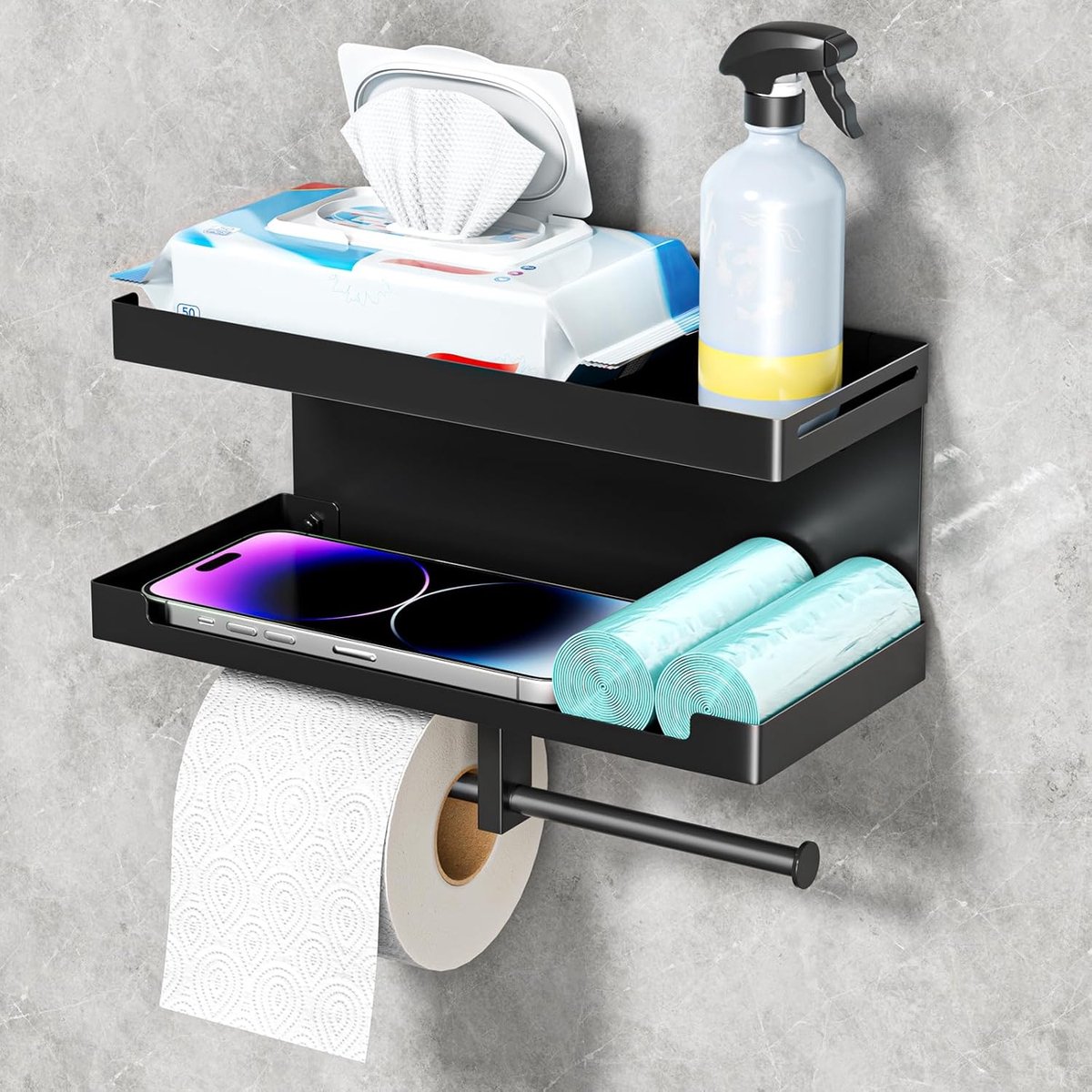 Toiletpapierhouder met opslag, wandgemonteerde toiletpapieropberghouder, geschikt voor 2 roldoekjes en doekjes, doorspoelbare doekjesdispenser met telefoonplank, (zwart)