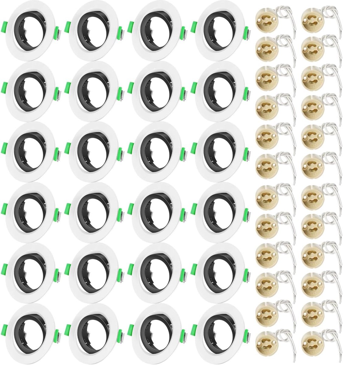 Inbouwspots, frameset met keramische fitting, GU10, rond, wit, buitenring en zwart, binnenring, montageframe, led-spot, 30 graden draaibaar, voor plafondspots, 24 stuks