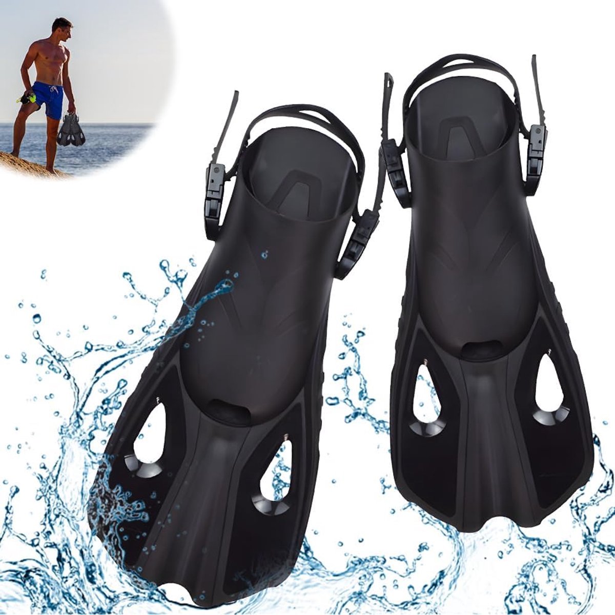 Zwemvliezen, duikvliezen, reismaat 42 - 47, kort, instelbaar, voor snorkelen, duiken, volwassenen, mannen, vrouwen, L/XL