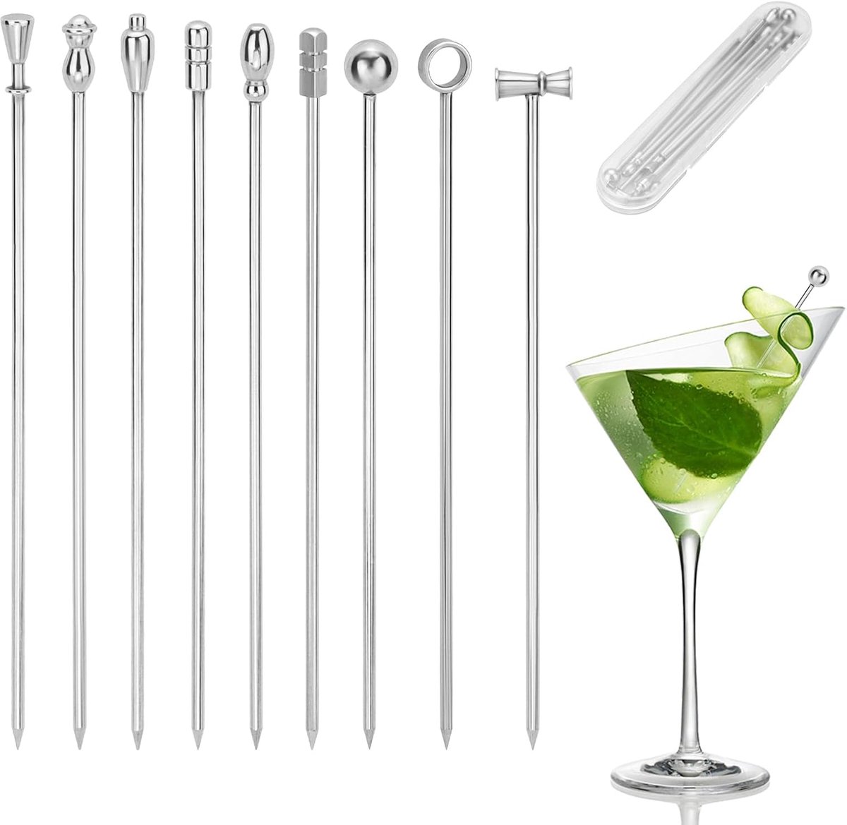18 stuks metalen cocktailprikkers 9 stijlen, 304 roestvrijstalen tandenstokers voor drankjes, herbruikbare cocktailspiesjes garneringssticks voor Martini, Bloody Marry, olijf, voorgerecht