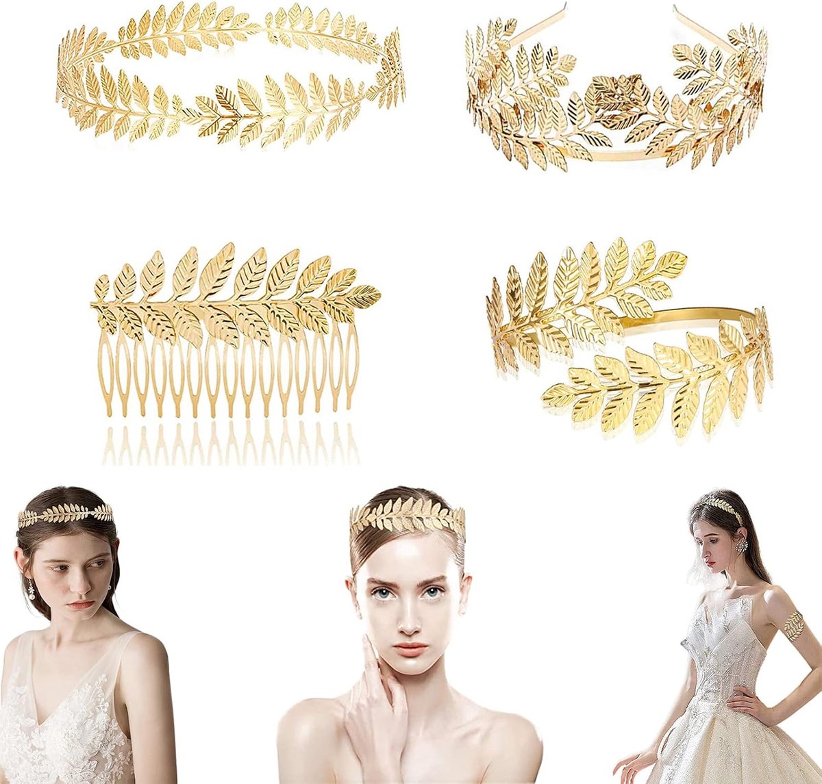 4 stuks Romeinse kroon, griekse godin hoofdband, Romeinse laurierhaarsieraden, haarband, armband