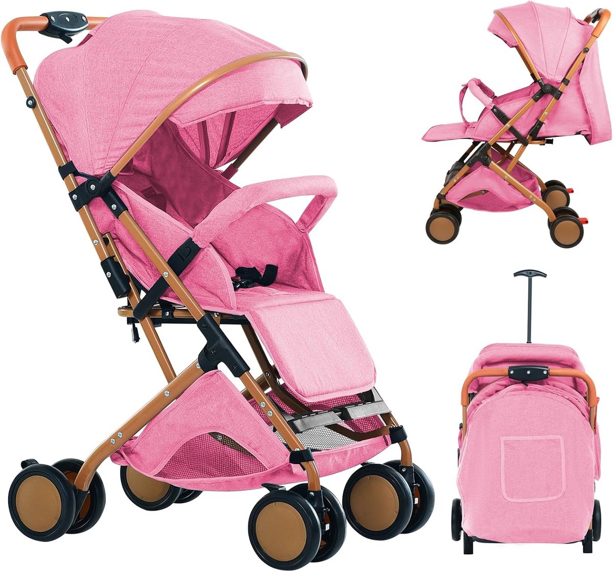 Reisbuggy, automatisch opvouwbaar, rugleuning verstelbaar in ligpositie, verstelbare voetsteun, maximaal gewicht tot 30 kg, 5-punts gordel (roze)