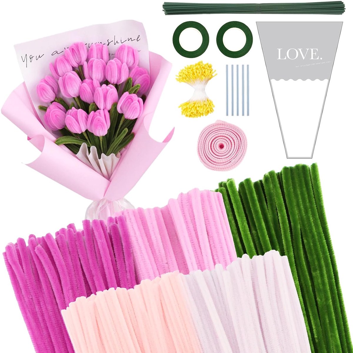 300 stuks schoorsteenveger bloemen set, schoorsteenvegers bloemen voor het maken, 5 kleuren, met groene bloemstelen, rollen plakband, plakstiften, bloemblad, bloemstukverpakkingen, linten (Roze)
