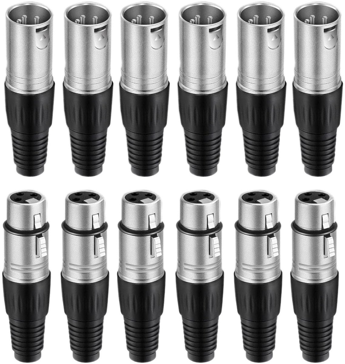 12 stuks 3-polige XLR-stekker en XLR-bussen, microfoonkabelstekker, microfoonaudioaansluiting, soldeeraansluiting, inbouwbus, voor microfoonluidsprekers (zilver)