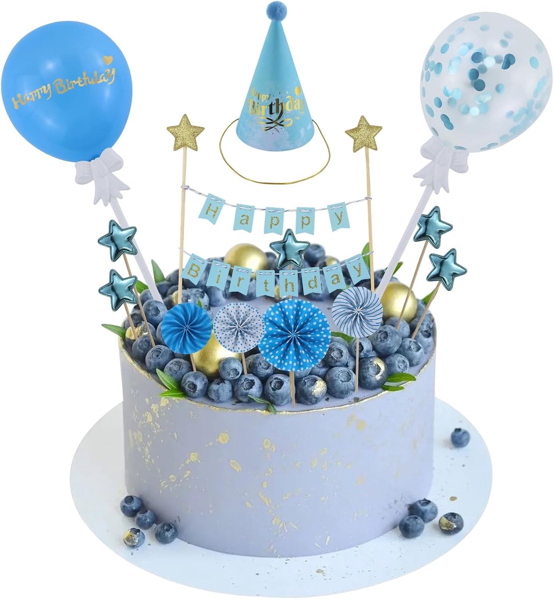12 stuks taartdecoratie blauw, taartdecoratie voor verjaardag, Happy Birthday, taartdecoratie, taartdecoratie, zwart, papieren waaiers, sterren, cupcake, taartstekers voor verjaardagsdecoratie