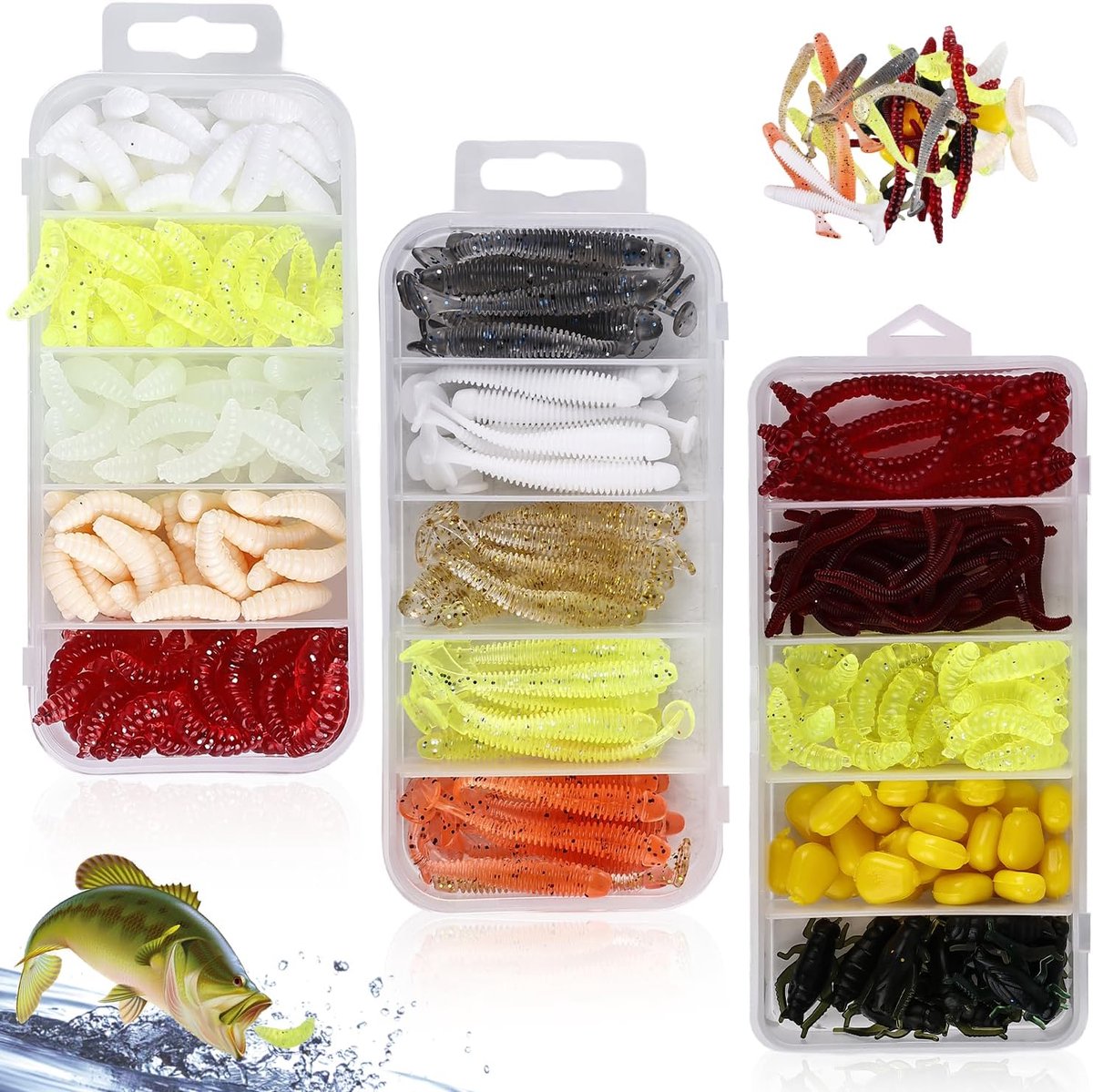 278 stuks worm visaas: kunstaas wormen vis, forel aas hengelset, wormvissen hengel lokdoos set, plastic wormen voor zout water/zoet water vissen op store basforel