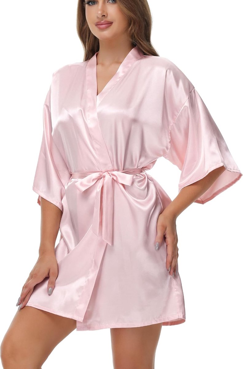 Kimono Sexy Dames,Ochtendjas Kimono-Gewaad Schuine V-Hals Korte Stijl Zomer Badjas Dames met Riem Nachtjas voor Bruiloft/Spa/Hotel