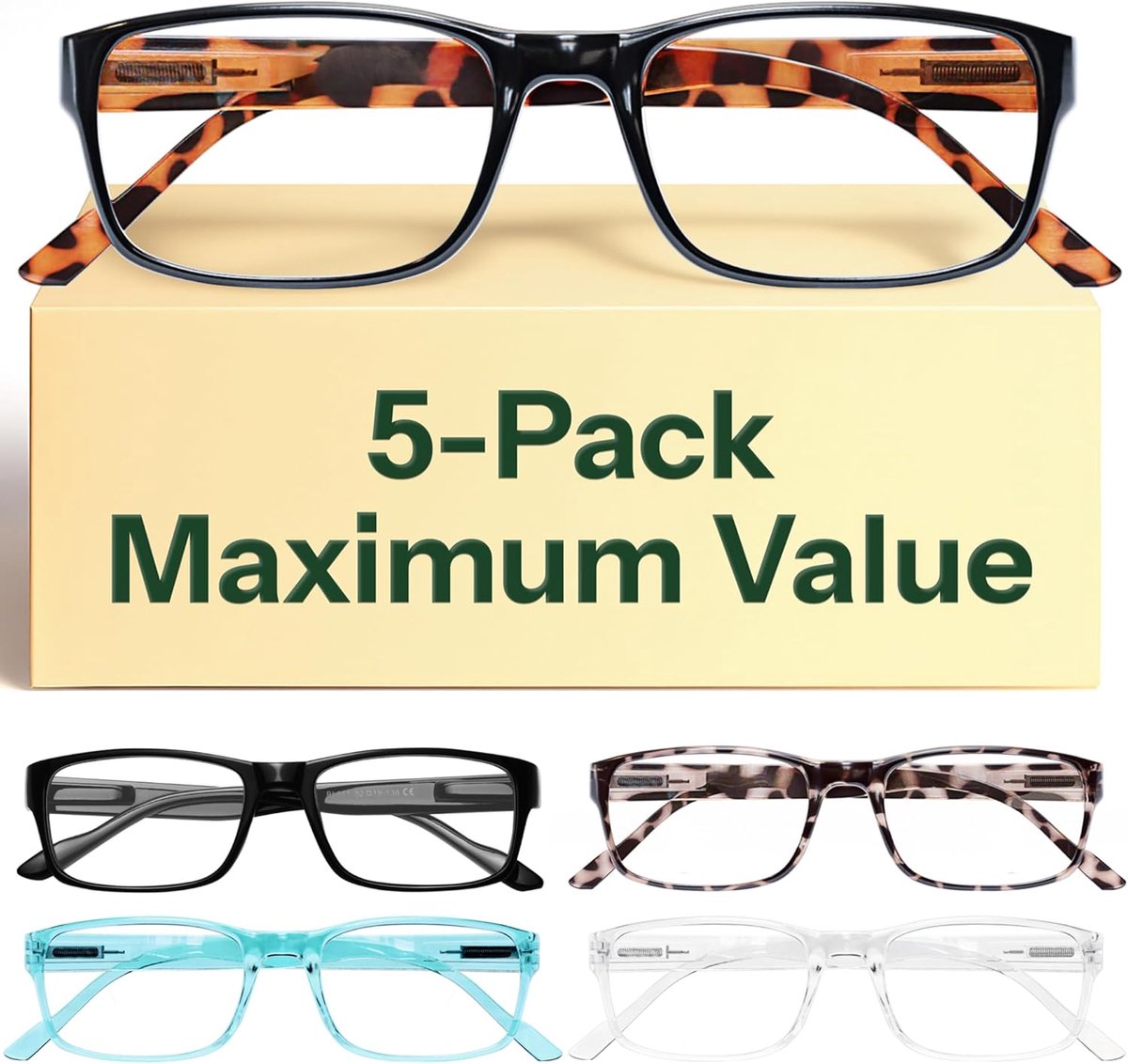 5-Pack Reading Glasses Blue Light Blocking,Spring Hinge Readers for Women Men Anti Glare Filter Lightweight Eyeglasses (#5-Pack Mix Color, 1.25)