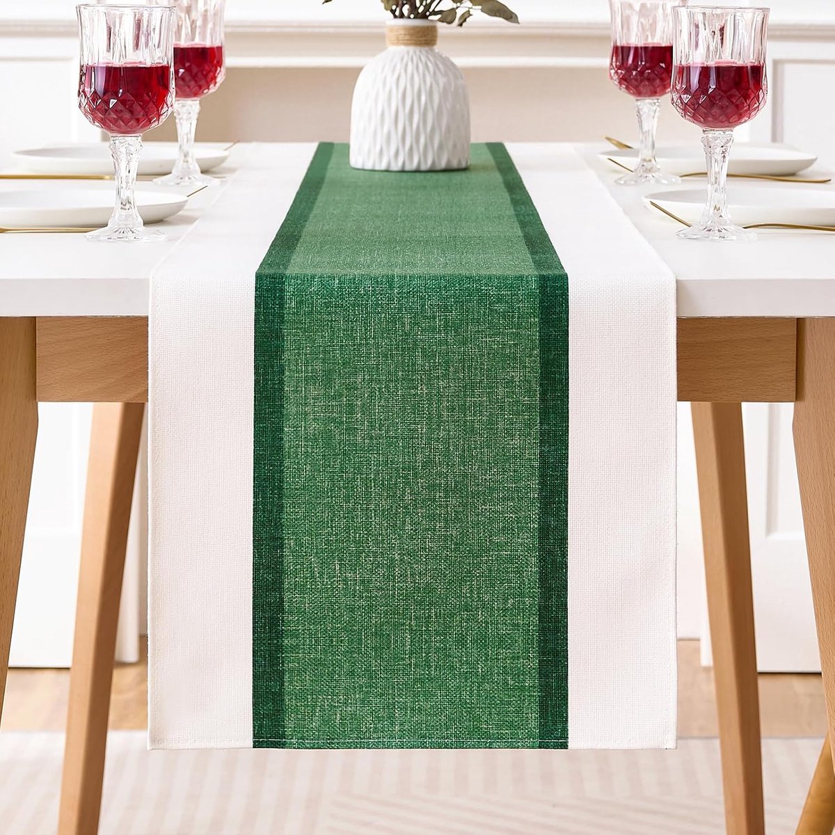 Tafelloper Boho, groen, 40 x 140 cm, katoen en linnen, gestreept, patchwork, modern, waterdicht, voor bruiloft, feest, thuis, keuken, eetkamer, tafelloper