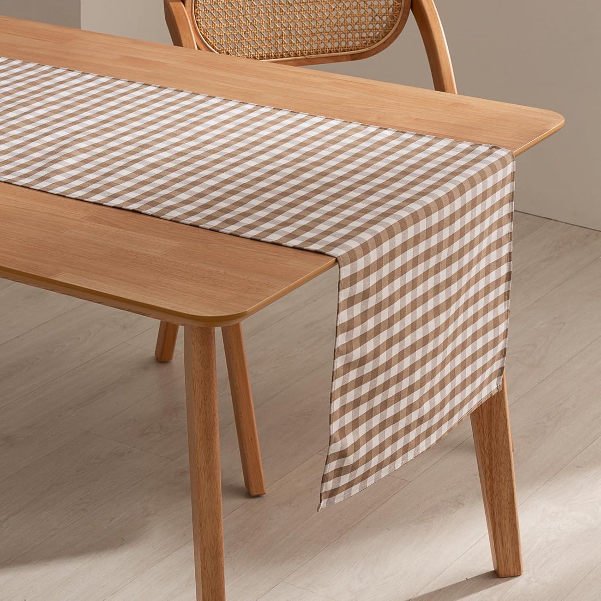 tafelloper met Vichy-ruitpatroon, vlekbestendige en waterdichte tafelloper van zacht en ademend katoen - 45 x 170 cm, taupe