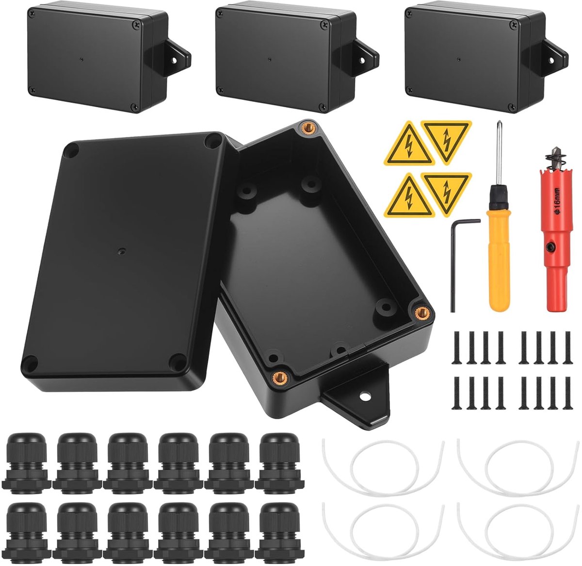 4 stuks aansluitdoos, IP65 waterdichte aansluitdoos, elektrische installatiebox (zwart), met 16 mm gatzaag, schroevendraaier en veiligheidskaartje, kabelbeschermbeugel, 83 x 58 x 33 mm