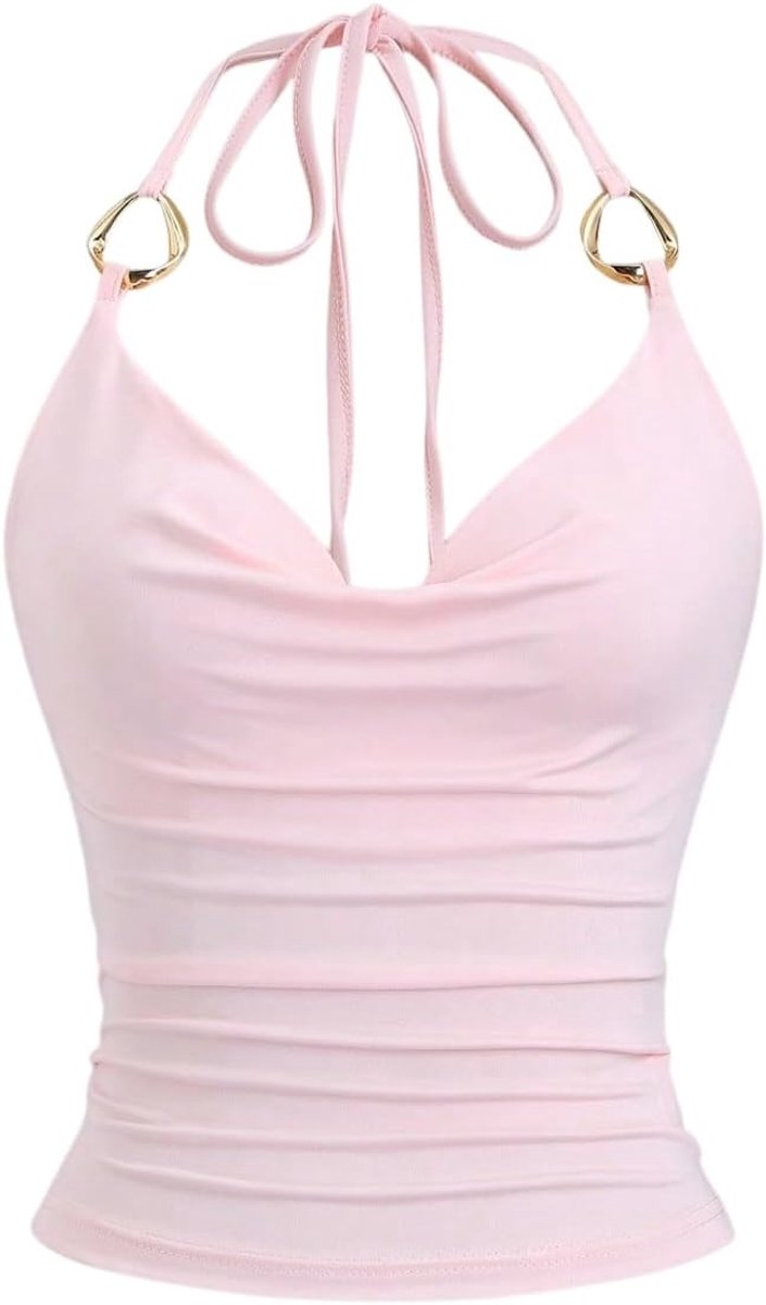 Haltertop voor dames, blote rug, elegant, haltertop, Y2K, geplooid bovenstuk, mouwloos, crop top, waterval-uitsnijding