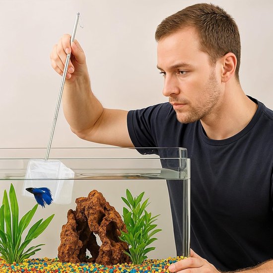 Mini-schepnet met roestvrijstalen handgreep, fijnmazig visnet met telescoopsteel voor aquarium, vijver en reiniging, ideaal voor kleine vissen, garnalen en dwergbekken van MINI — afbeelding 2
