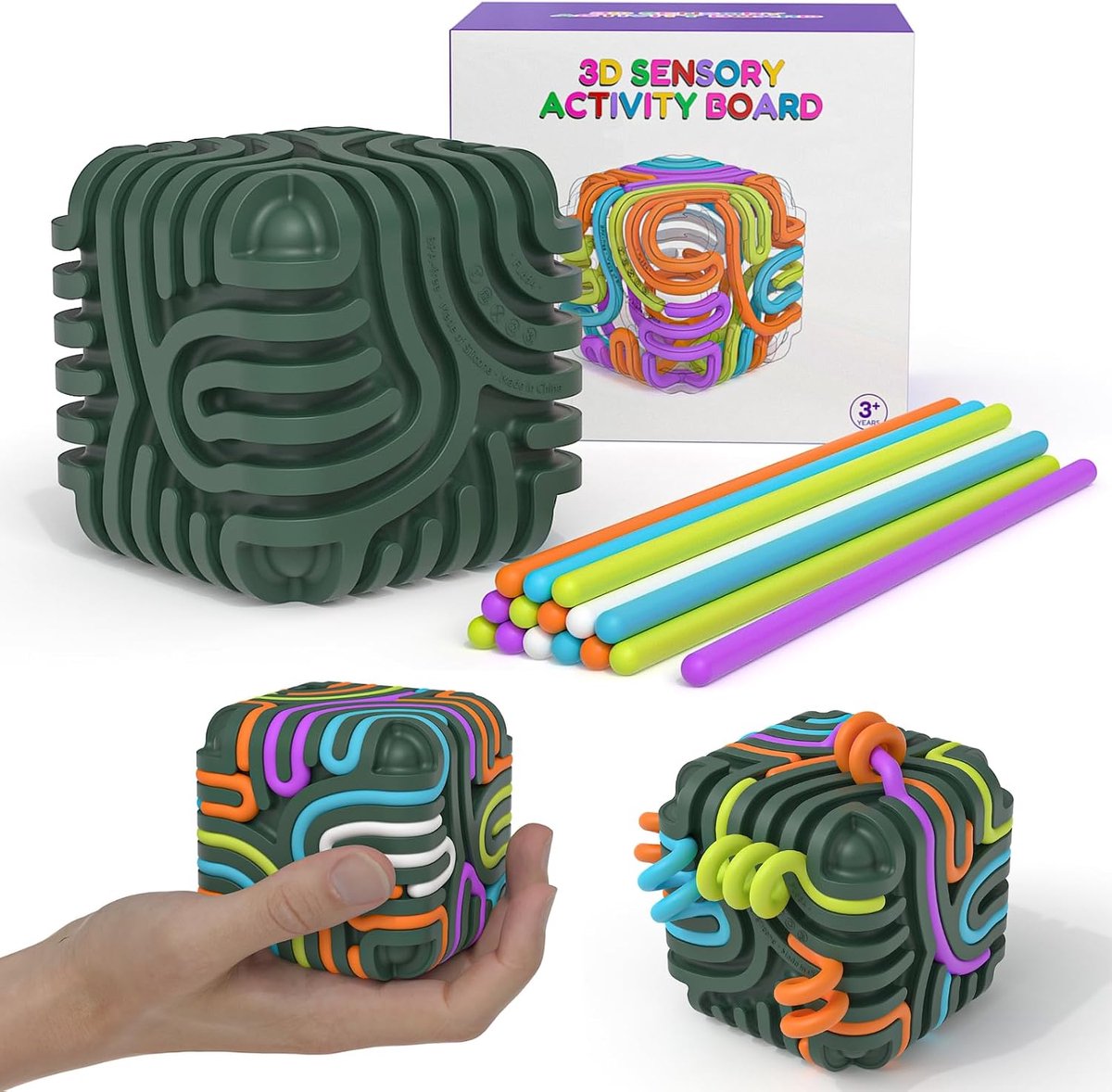 3D Sensory Activity Cube, sensorische anti-stress van siliconen, 6-in-1, stil fidget speelgoed met 15 tactiele snaren, sensorische activiteitskubus voor stressmanagement, ADHD, autisme (groen)