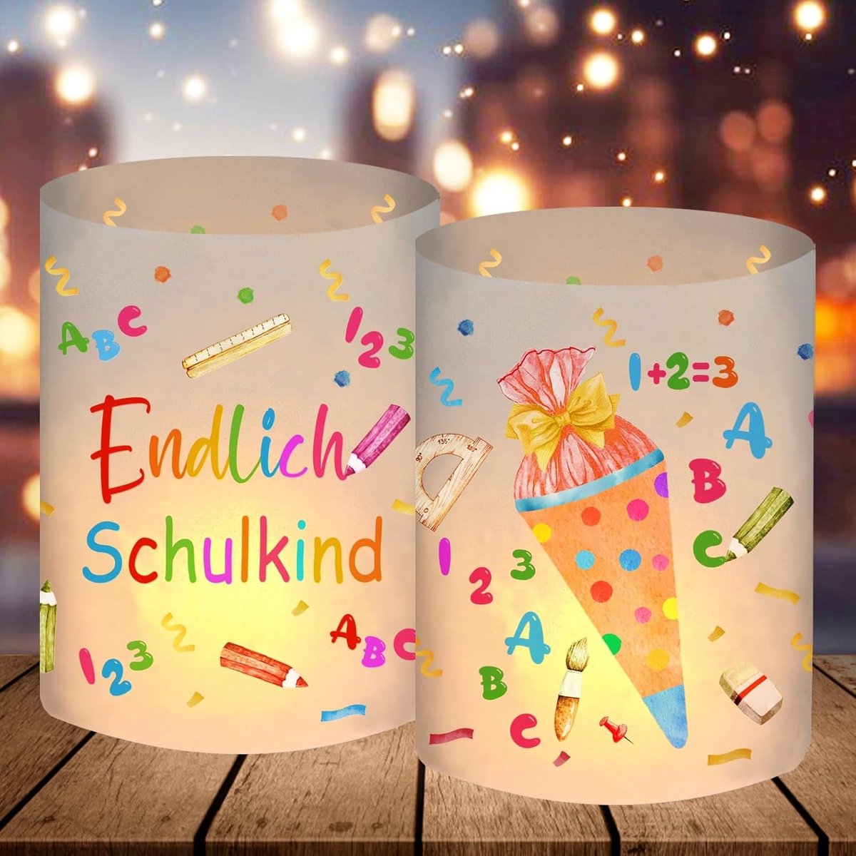 windlicht tafeldecoratie schoolstart 12 stuks - Eindelijk schoolkind ontwerp - kleurrijke motieven - SnelShoppen
