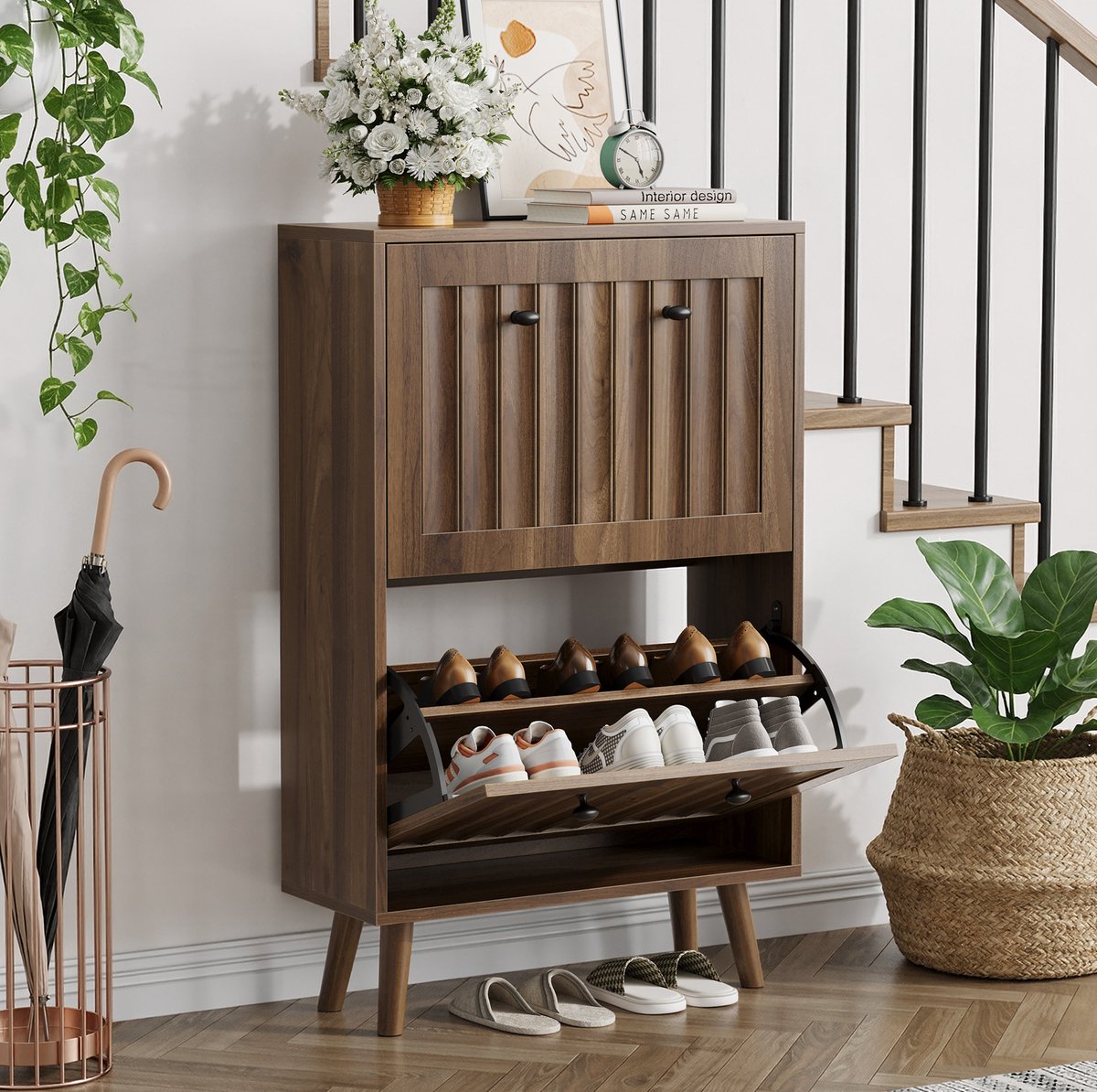 MODENUIT Schoenenkast - Verticaal Geribbelde Kleppen - Voor Hal En Entree - MDF Spaanplaat - Walnoot - 60x24x95 Cm