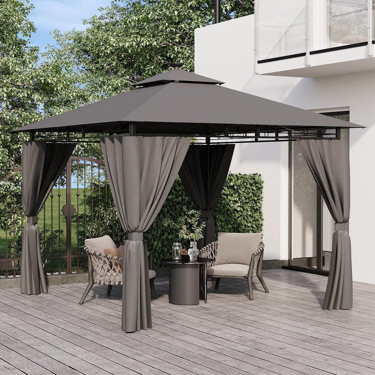 Archi Paviljoen – Partytent 3x3 - Met LED Verlichting - Tuinpaviljoen Dubbel Dak – Waterdicht – Inclusief Gordijnen – Antraciet