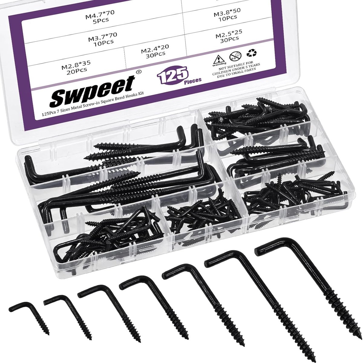 Schroefhaken Set 125 Stuks - Zwart Metaal - 7 Maten - Ideaal voor Foto's en Decoratie - SnelShoppen