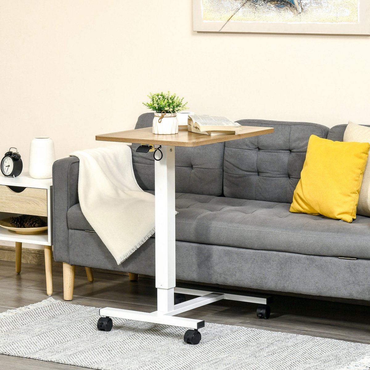 Verstelbaar Bureau Met Wielen - C Vormig Ruimtebesparend Sta Zit Bureau - Voor Thuis En Kantoor - Metaal En Spaanplaat - 65 X 48 X 70 110 Cm - Wit Natuurlijk