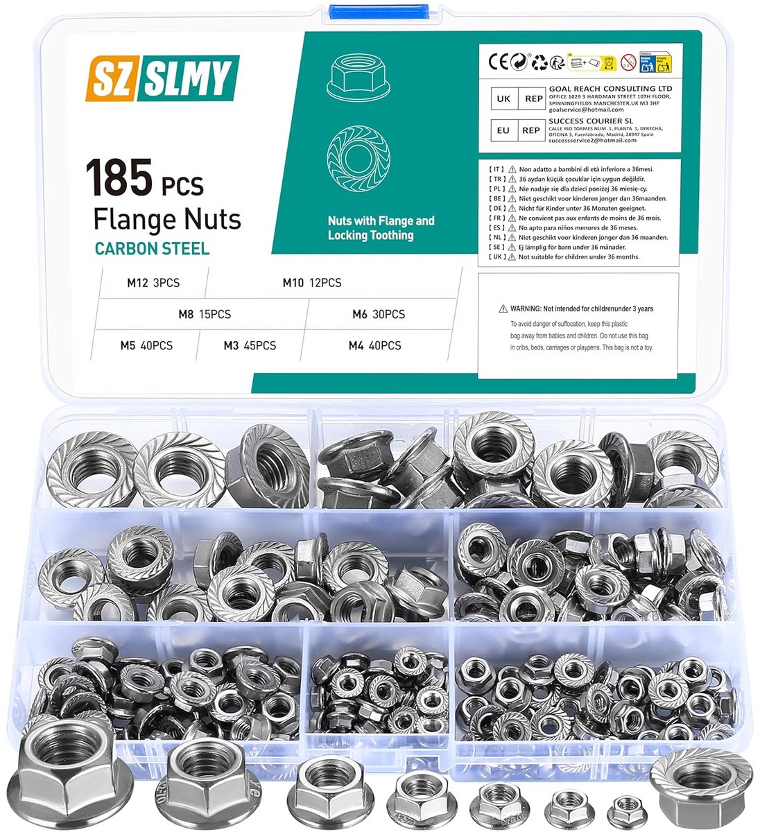 Flensmoeren set 185 stuks - M3-M12 - RVS met vergrendel tanden - Duurzaam en corrosiebestendig - SnelShoppen
