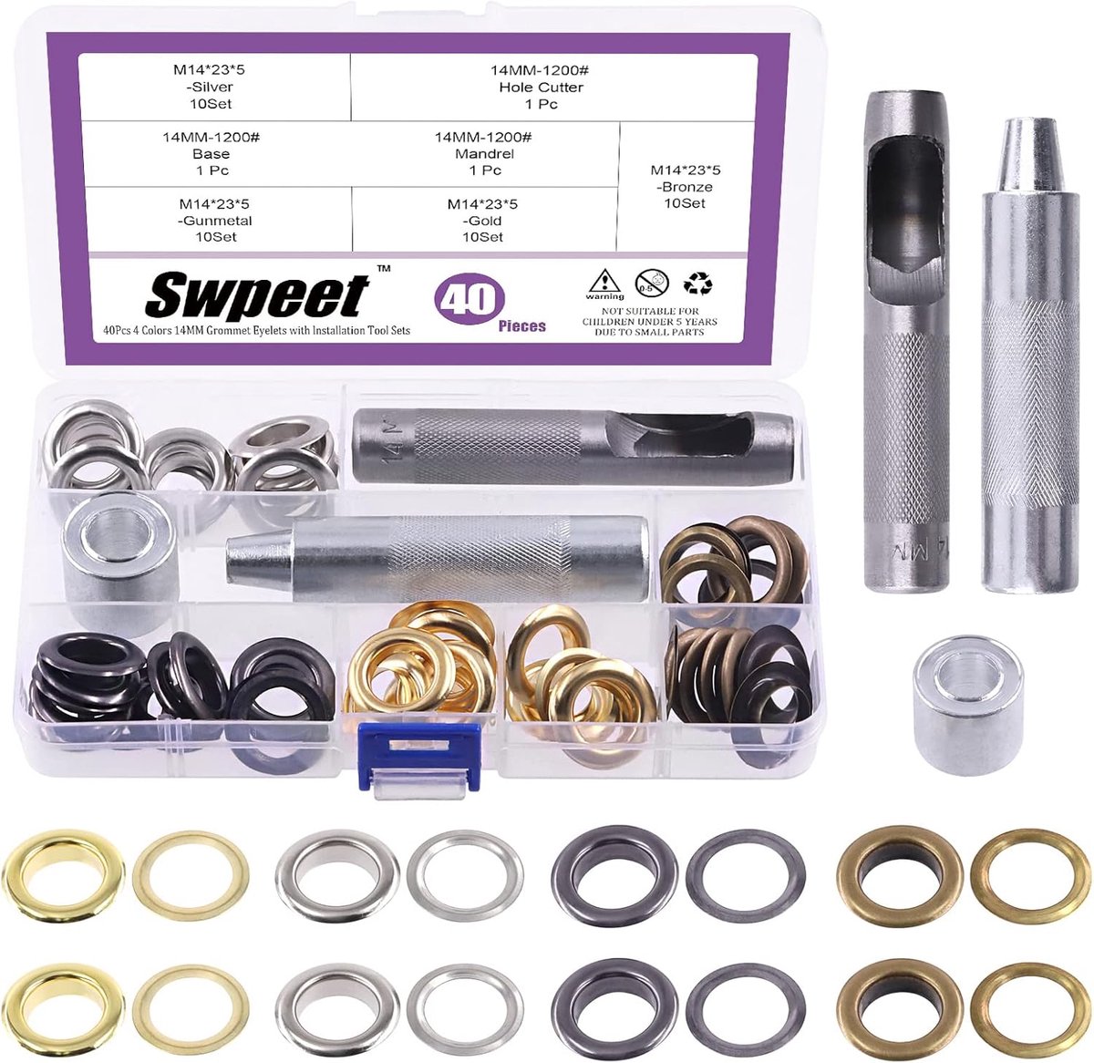Grommets 9/16" (14mm) - 40 Sets in 4 Kleuren - Inclusief Installatietool - Perfect voor Do-It-Yourself Projecten - SnelShoppen
