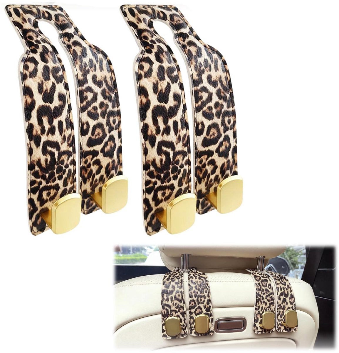 Auto hoofdsteun haken - 2 stuks - luipaardprint - organiser voor tassen - ShopVlot