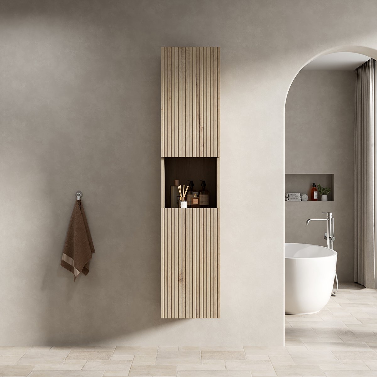 Badkamer-wandkast - 2 Deuren En Open Vak - Voor Kleine Ruimtes - Multiplex - White Oak - 160x35x35 Cm
