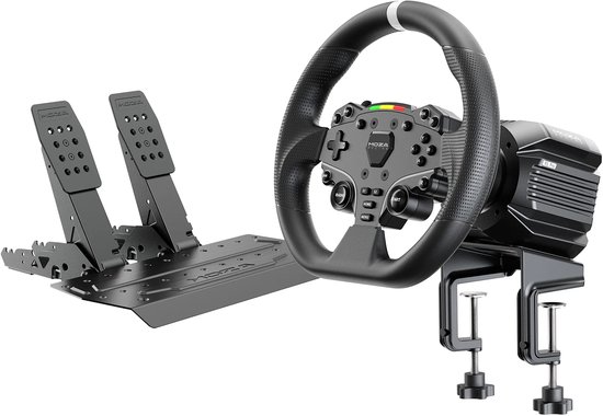 Complete racestuur set: Zwart stuur met LED's, zwarte basis, en twee metalen pedalen, gemonteerd op een klem.