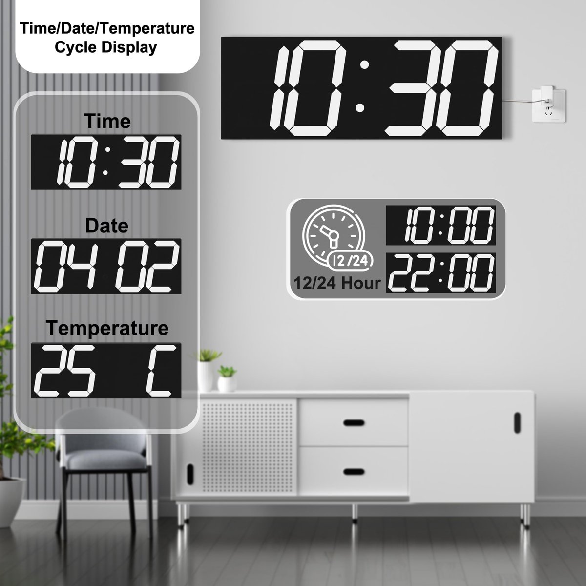Digitale wandklok 18,7" - LED-display - automatische tijdsynchronisatie - perfect voor op kantoor of thuis - ShopVlot