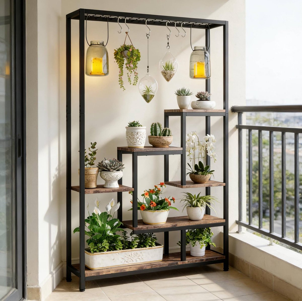 MIVRAY Ladderkast – 5 Lagen Open Plantenrek Met Haken – 100 x 30 x 180 cm – Metaal En Spaanplaat – Zwart En Rustiek Bruin